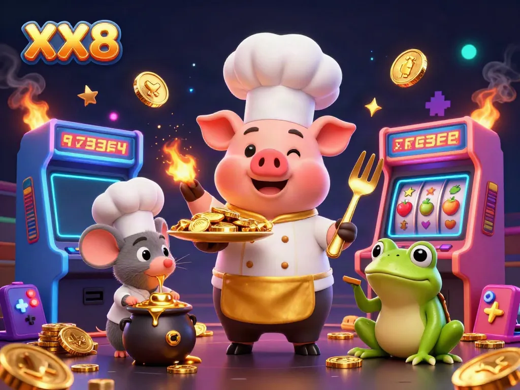 Experience the excitement with XX8 in an animated casino world filled with gold coins and vibrant slot machines.