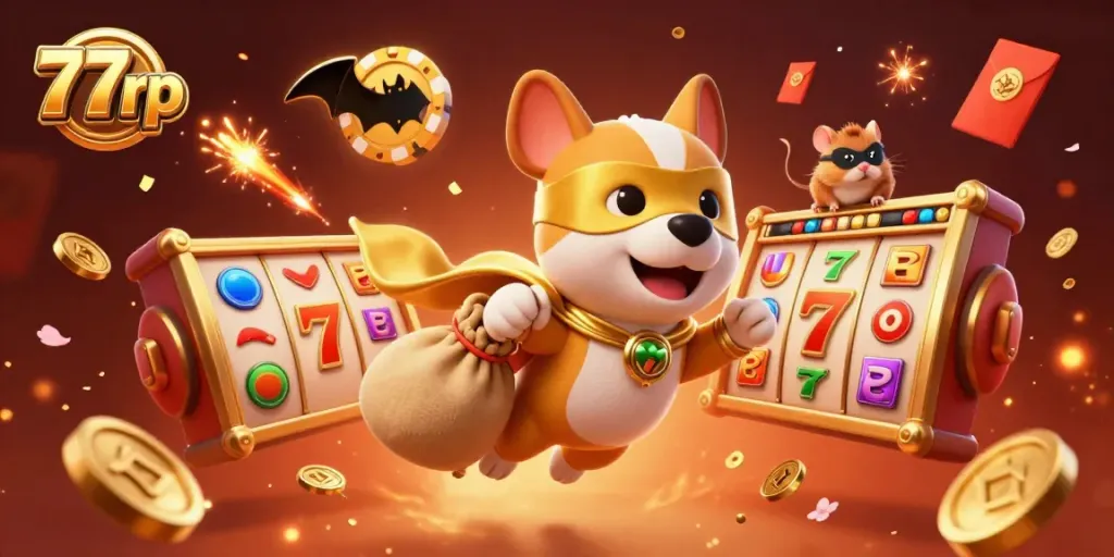Experience thrilling games at 77rp with a fun 3D illustration of casino elements and dynamic characters.