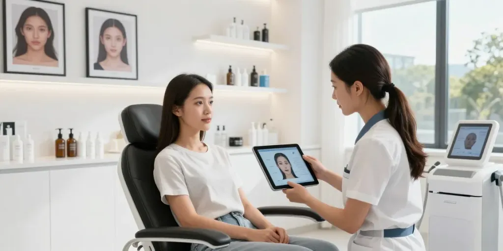 Modern aesthetic clinic analyzing alternatives to QOVES with AI technology.