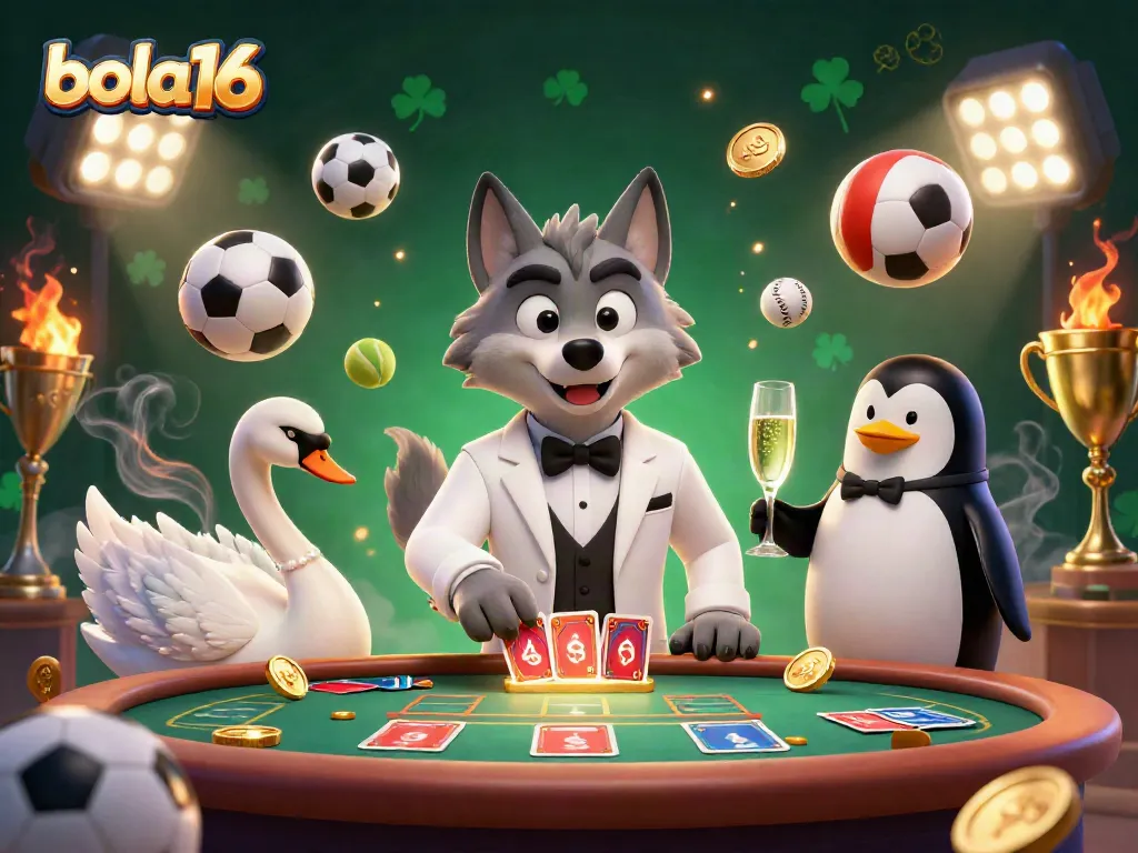 Engage in thrilling gameplay at bola16 featuring a debonair wolf, elegant swan, and sophisticated penguin in an intense casino scene.