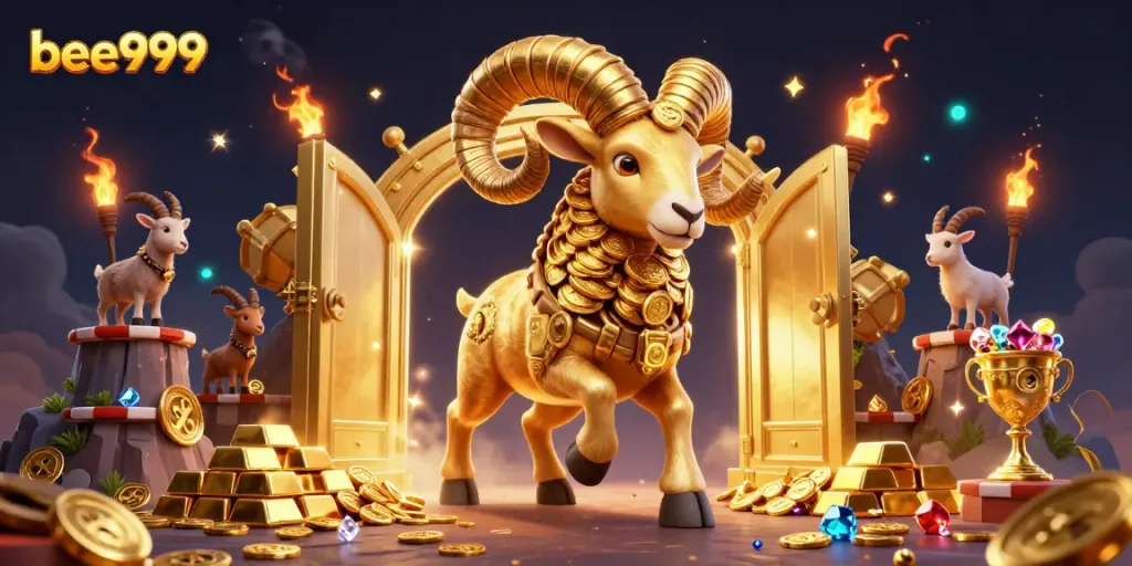 Experience the thrill of bee999 casino with a charging golden ram at a treasure vault bursting with riches.