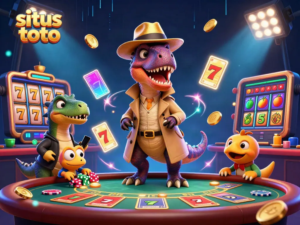 Experience thrilling action at situs toto with a velociraptor card counter and stegosaurus pit boss in a dynamic casino scene.