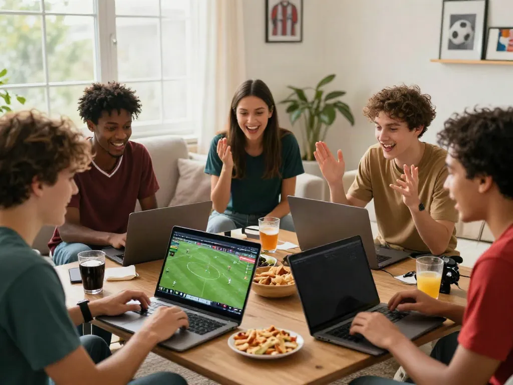 Friends engaging on WWBOLA platform for live soccer betting in a lively setting.