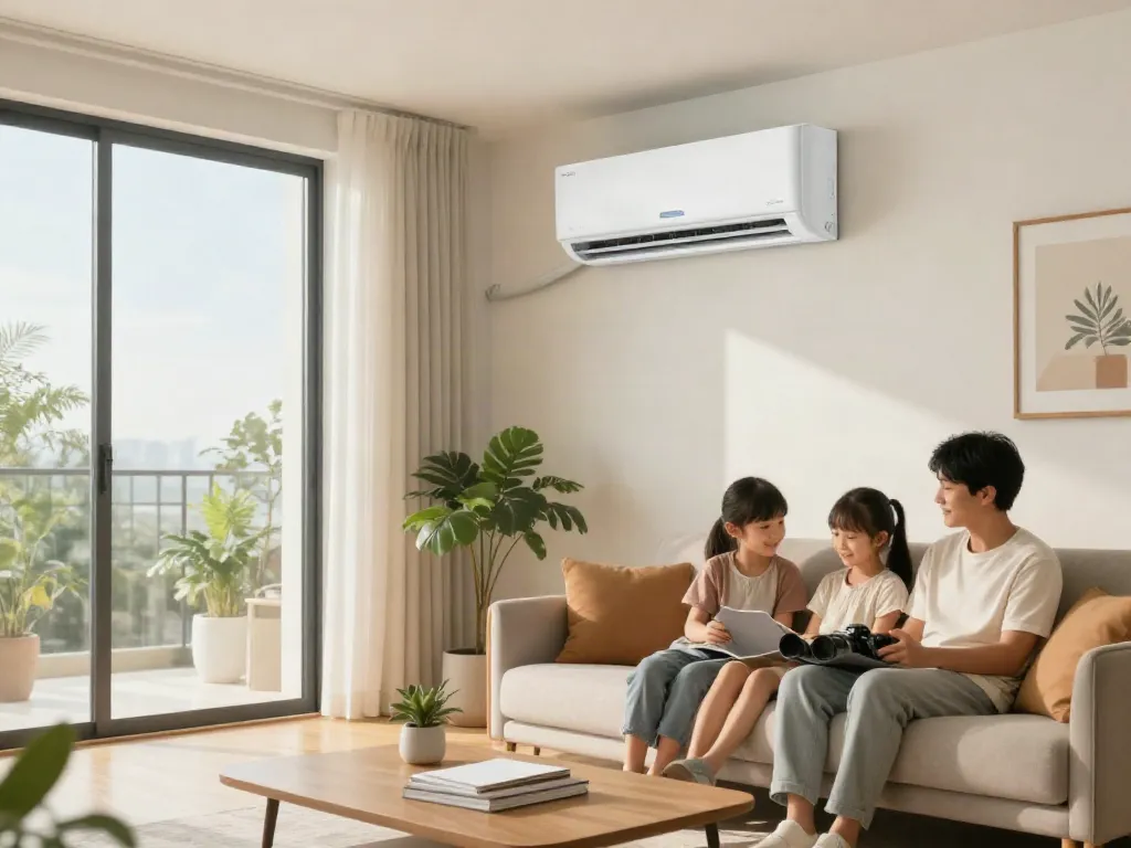 Cozy living room showcasing a modern mini split AC system in action.