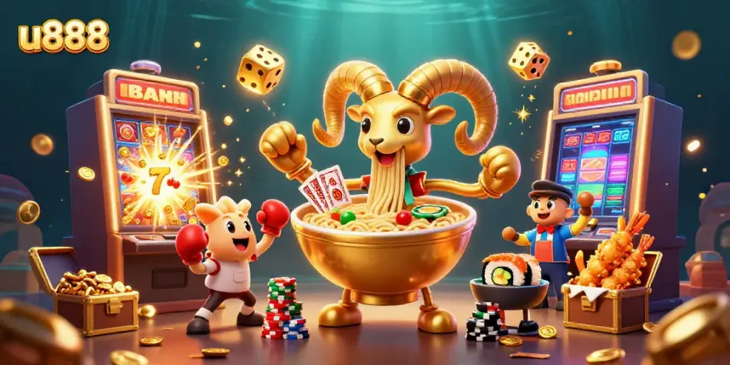 Join the action at u888 with a dynamic illustration featuring a giant golden ramen bowl dealer and casino elements.