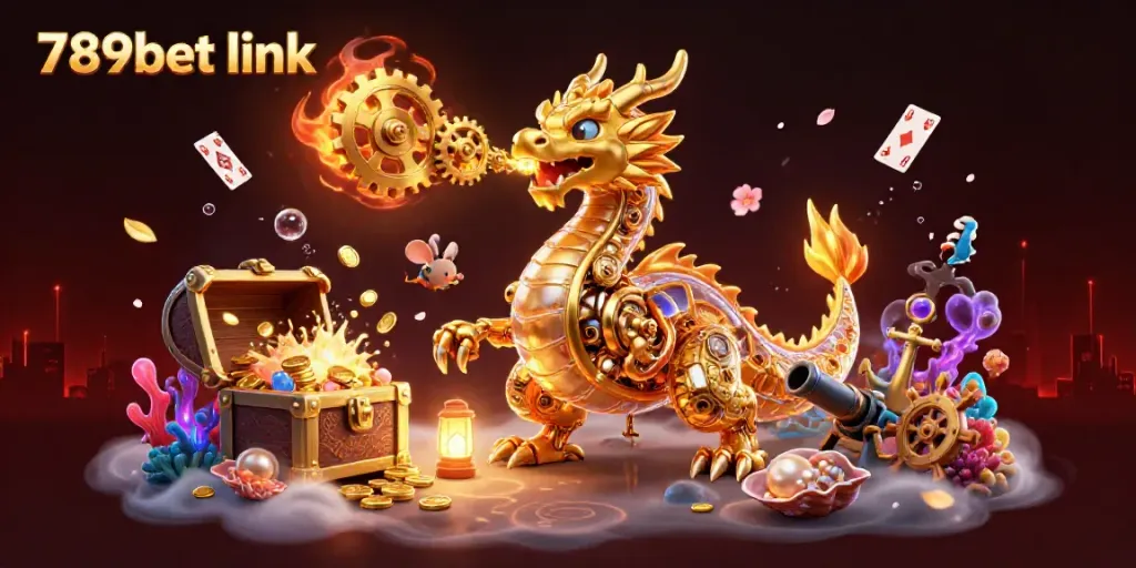 Engage with the 789bet link amidst a dynamic 3D casino scene featuring a golden dragon and treasures.