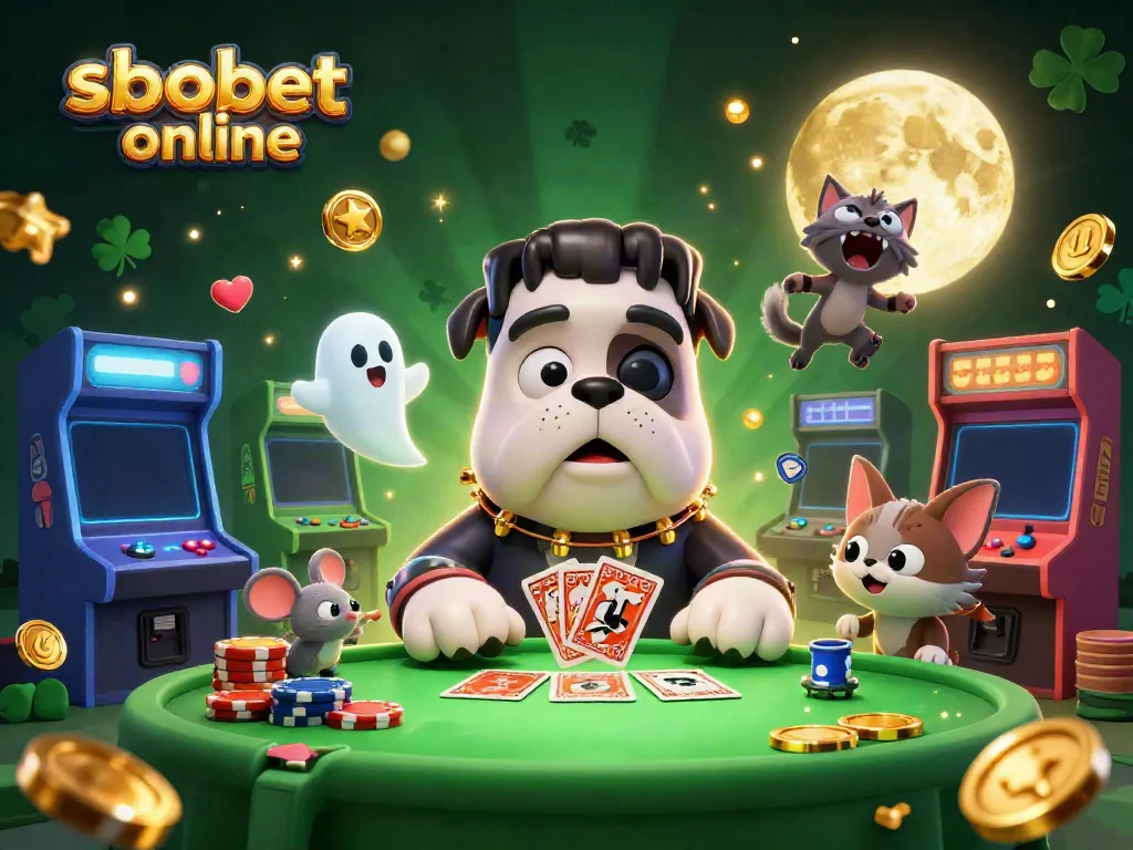 Experience sbobet online bets with a lively 3D illustration of a card-dealing bulldog monster and vibrant gaming elements.