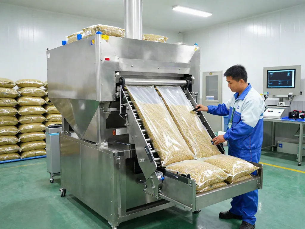 Open mouth bag filling machine efficiently packaging granular materials in a modern industrial facility