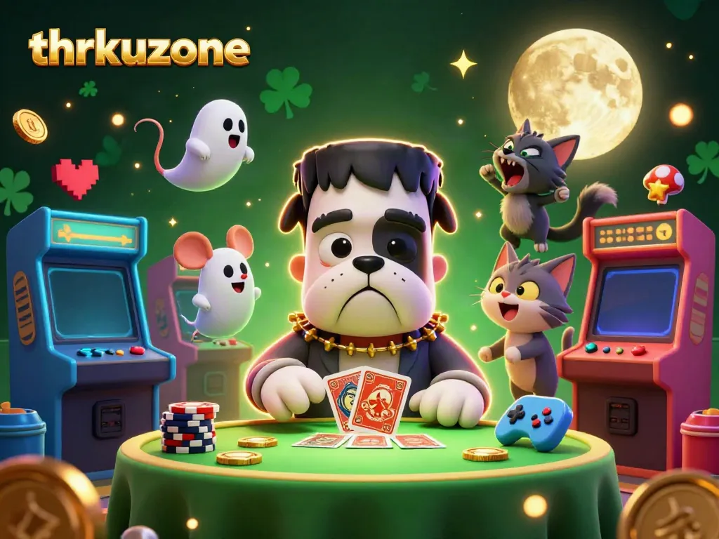 Experience the thrill of thrkuzone with a vibrant casino-themed scene featuring a Frankenstein bulldog dealer and gaming elements.