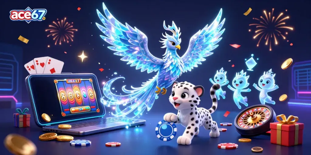 Experience the thrill of ace67 with vibrant characters and exciting casino game elements in a dynamic scene.
