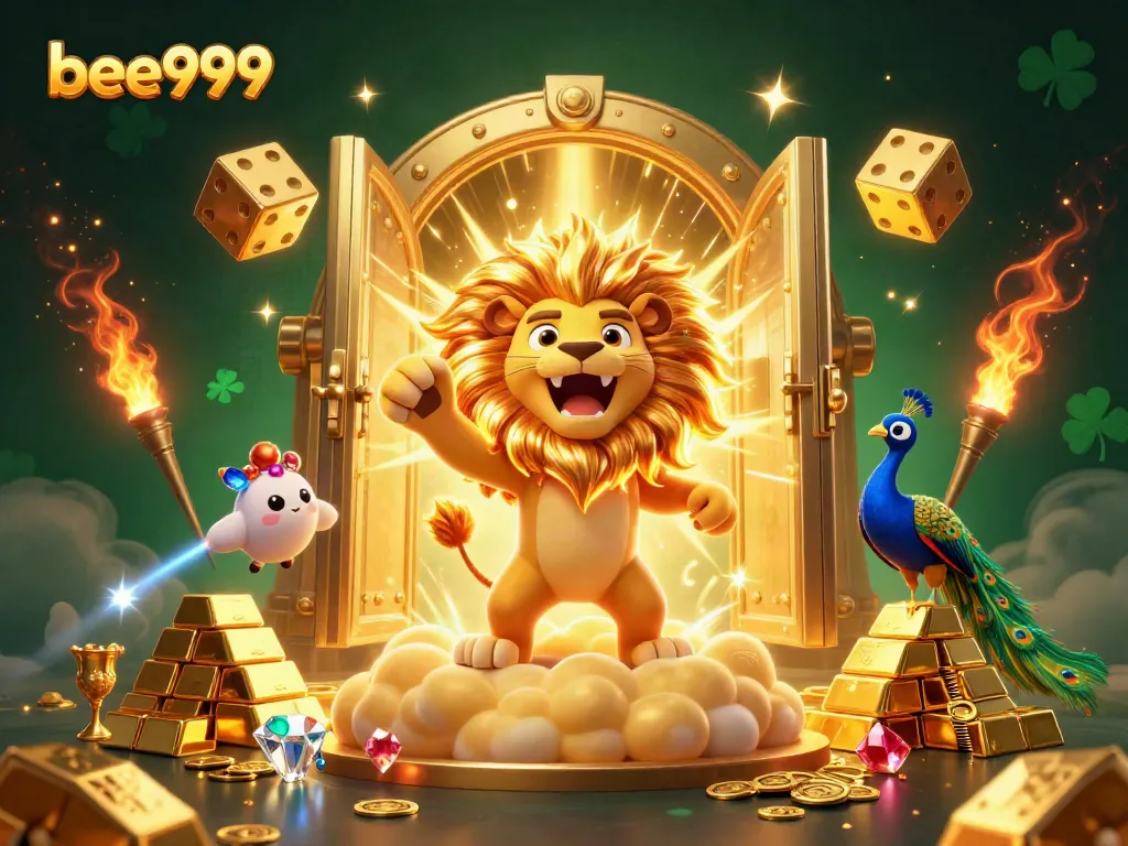 Engage with bee999, where the roaring sun lion celebrates winnings amid golden treasures in this vibrant digital art.