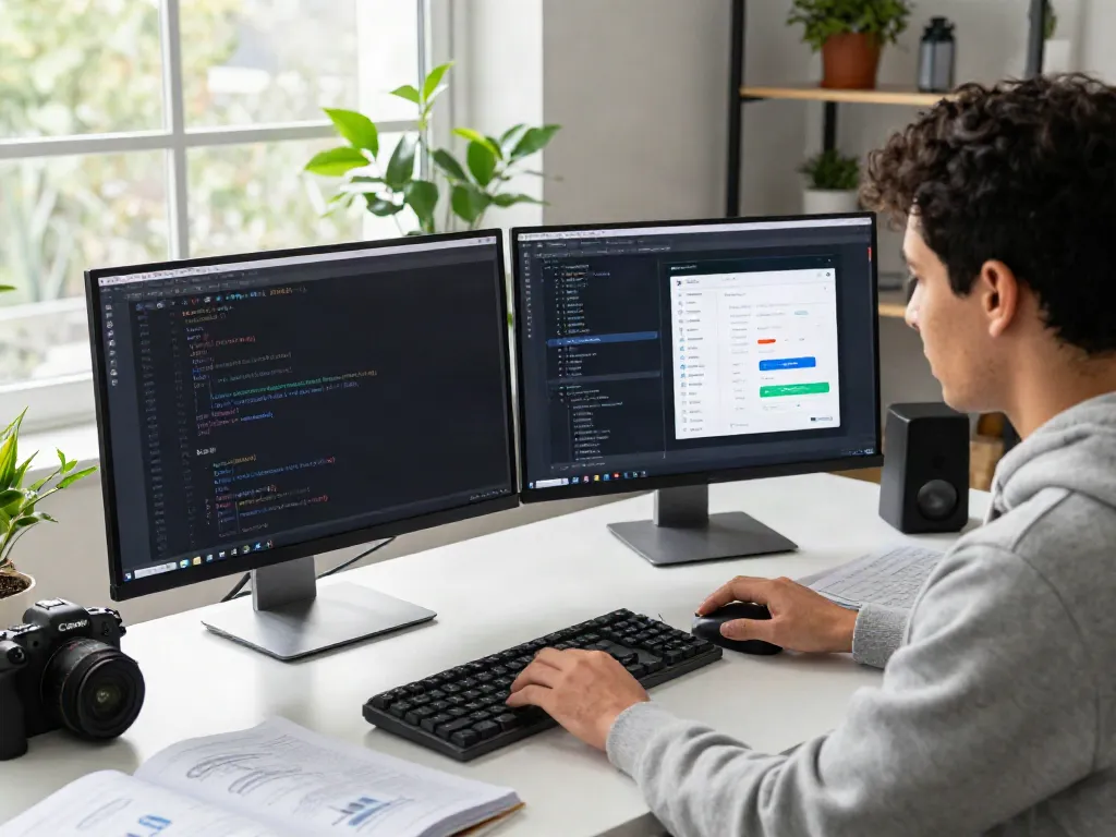 A software developer coding Mod apk applications in a bright, modern workspace.