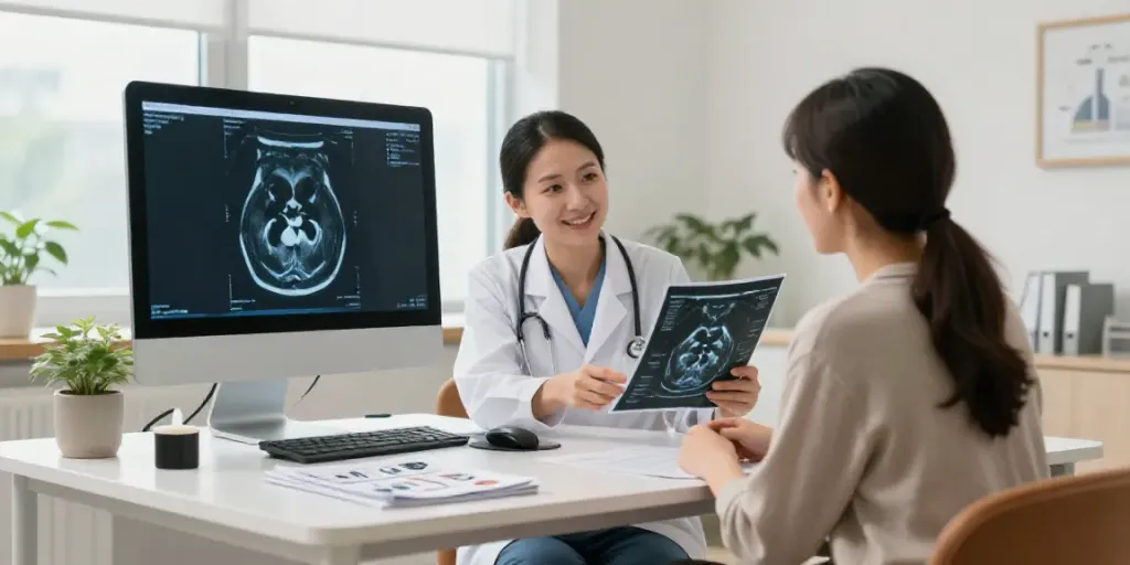 Moderne Diagnostik im Diagnostikzentrum Wolfsburg mit freundlichem Arzt und Patienten.