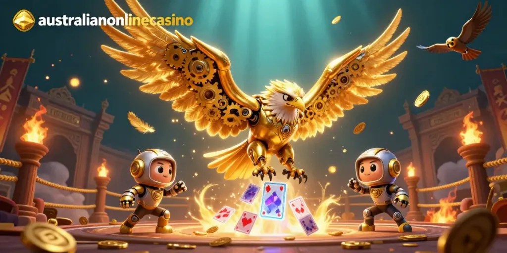 Experience the thrill of australianonlinecasino with a cybernetic eagle diving through playing cards.
