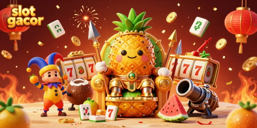 Engage with the vibrant slot gacor scene featuring a pineapple king and casino elements amidst celebrations.