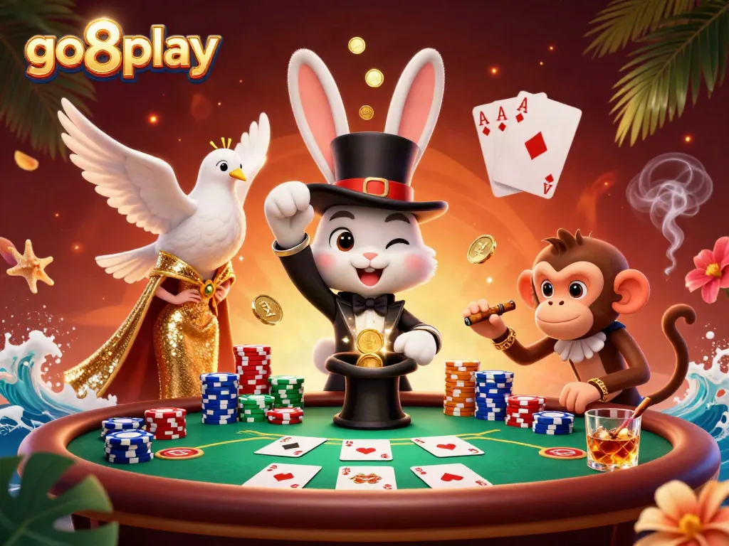 Experience the excitement of go8play with a magician rabbit pulling golden coins amidst vibrant casino elements.