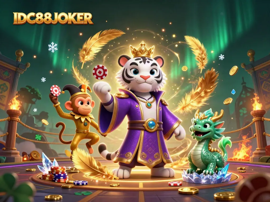 Engage with the IDC88JOKER experience featuring a white tiger and golden monkey in a vibrant casino scene.