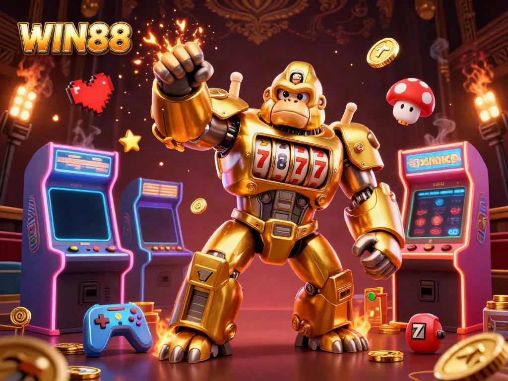 Experience the thrill of WIN88 with a vibrant 3D casino scene featuring a golden mech and arcade elements.