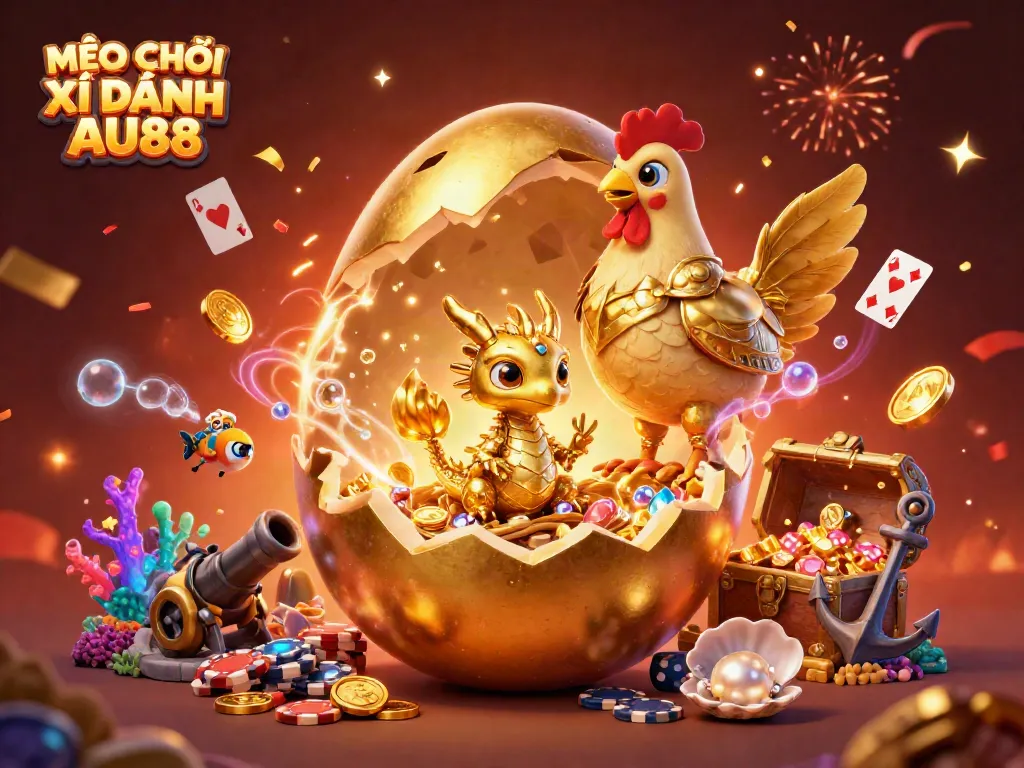 Experience MẸO CHƠI XÌ DÁNH AU88 with a golden dragon and poker chips in an exciting casino scene.