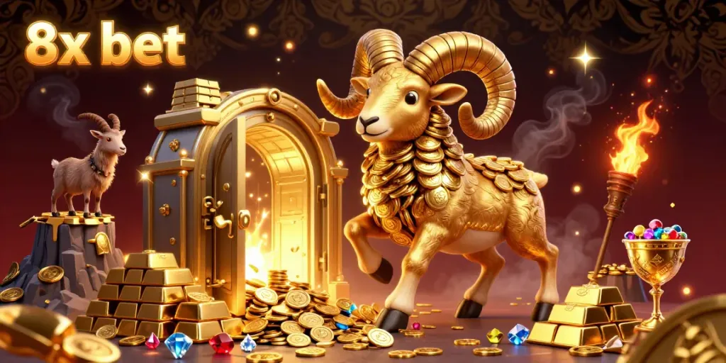 Experience the excitement of 8x bet as a golden ram charges through a treasure vault, surrounded by riches and casino elements.