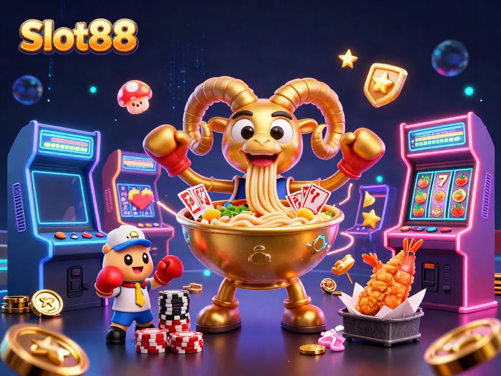 Engage with the Slot88 experience featuring a vibrant 3D casino scene full of dynamic characters and game elements.