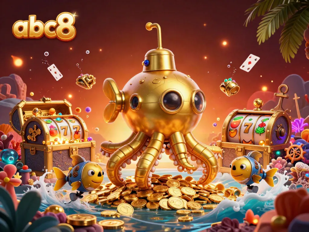 Experience thrilling gameplay with abc8's vibrant slot games amidst an explosion of gold coins and treasures.