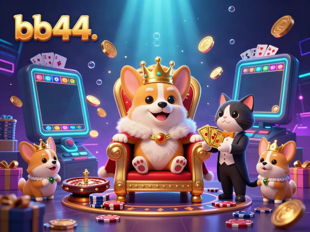 Experience the vibrant online casino atmosphere with bb44 featuring a royal corgi and a cat butler surrounded by gaming elements.