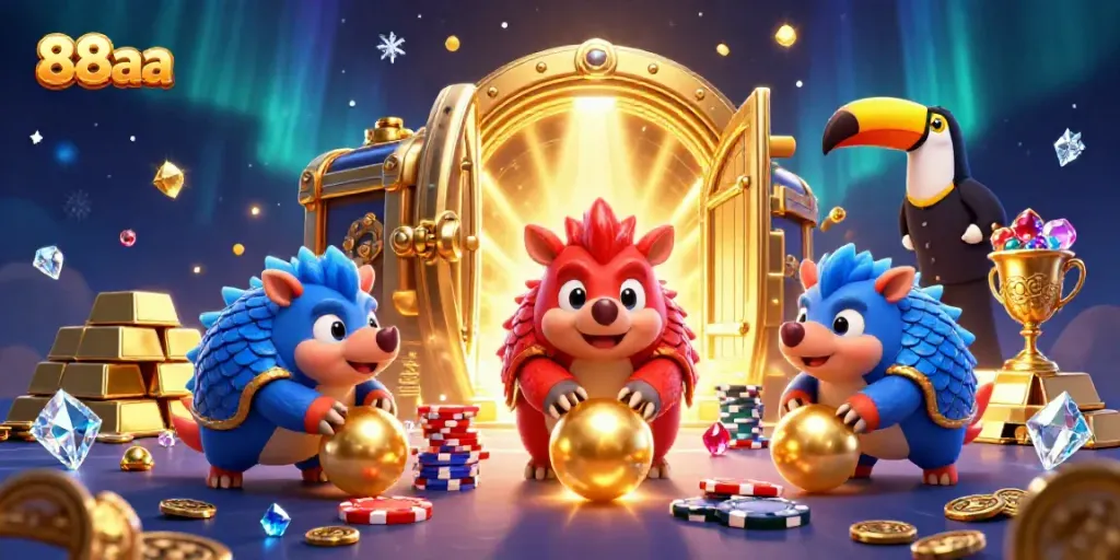 Experience exciting gameplay with 88aa as rival pangolins roll golden balls, surrounded by poker chips.