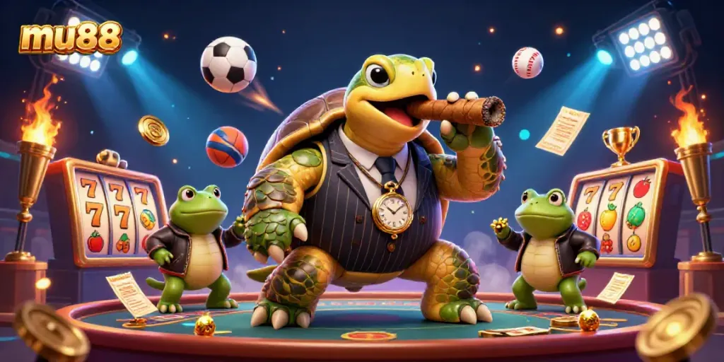 Engage in thrilling mu88 casino action with a snapping turtle mobster and frog enforcers in a vibrant gaming scene.