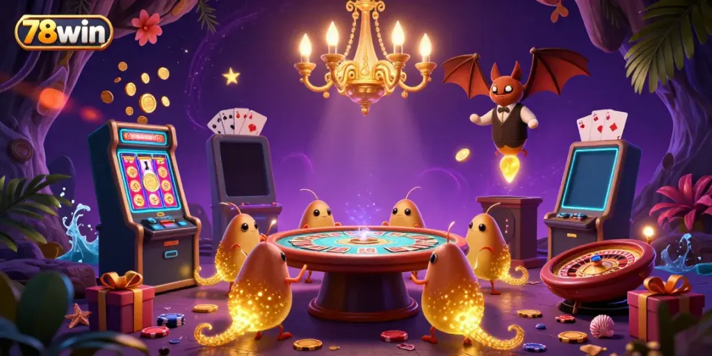 Experience the excitement at 78win's cave casino, featuring a glowworm team and vibrant game elements.