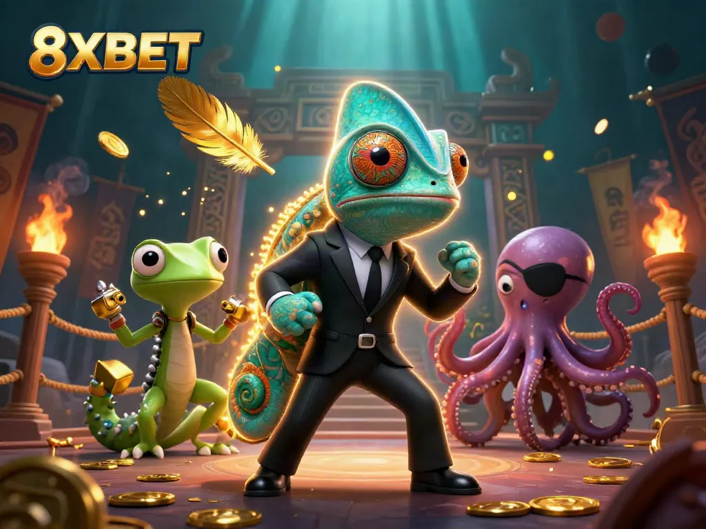 8XBET's exciting gambling action illustrated with a 3D chameleon agent and casino elements.