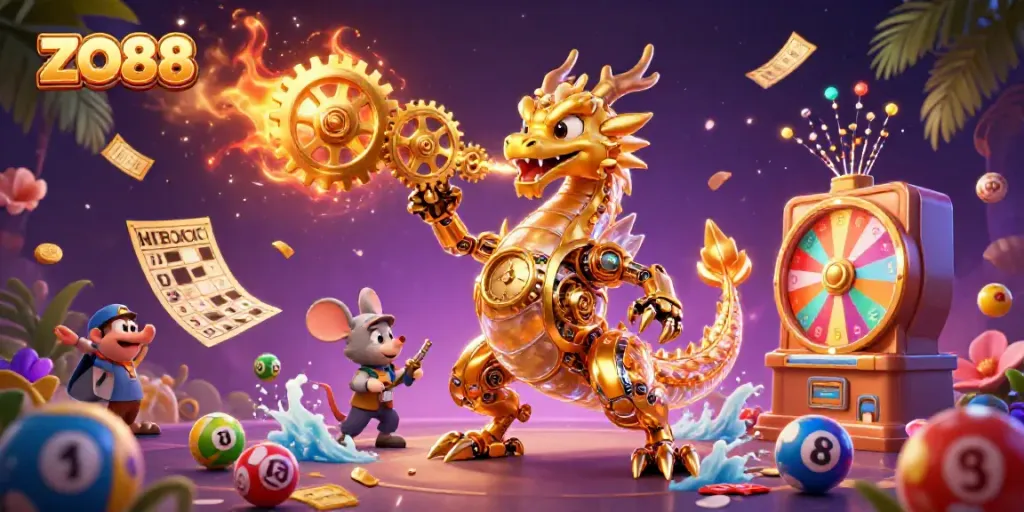 Experience excitement in ZO88 with a golden dragon and vibrant lottery elements in a dynamic scene.