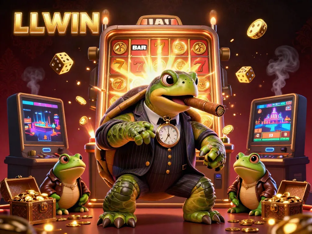 Experience LLWIN's vibrant casino scene with a snapping turtle mobster and dynamic game elements.