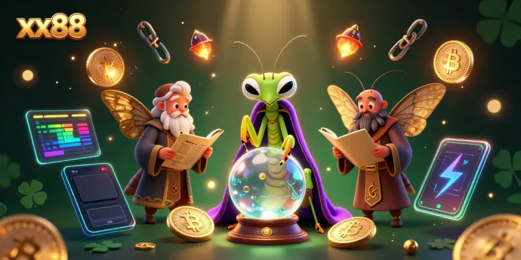 Engage with xx88's vibrant Bitcoin and Ethereum-themed 3D casino scene featuring mystical elements.