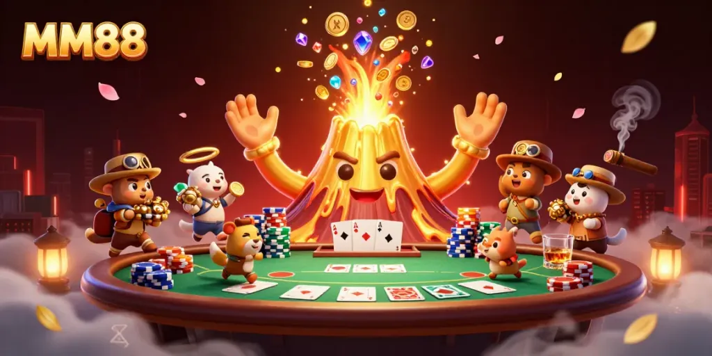 Experience thrilling moments with MM88 as a golden volcano pours out treasures at a poker table.