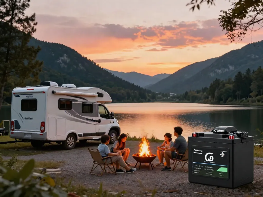 The family enjoying camping with a lithium battery for RV near a serene lake at sunset.