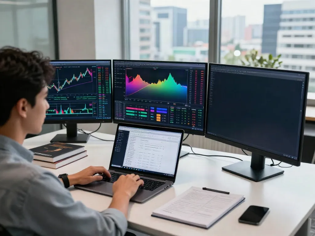 Trader analyzing market data on MetaTrader 5 platform in a modern workspace.