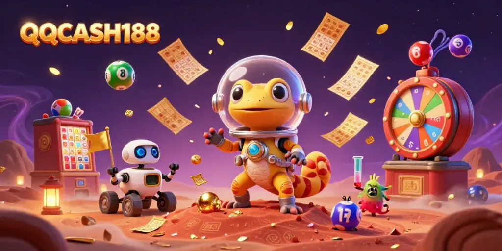 Engage with QQCASH188’s vibrant Martian casino scene filled with lottery elements and excitement.