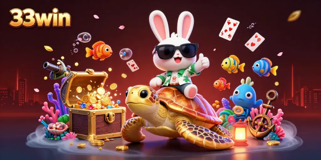 Engaging 3D illustration for 33win showcasing a lucky rabbit casino theme, bursting with treasures.