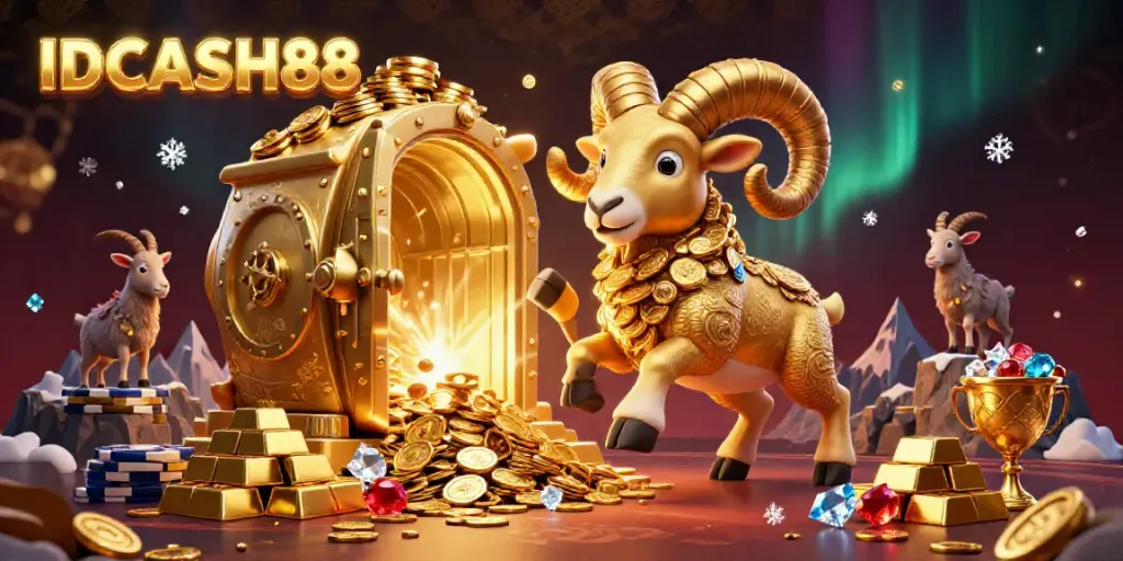 Experience the thrilling IDCASH88 gameplay with a golden ram charging through a glamorous casino scene.