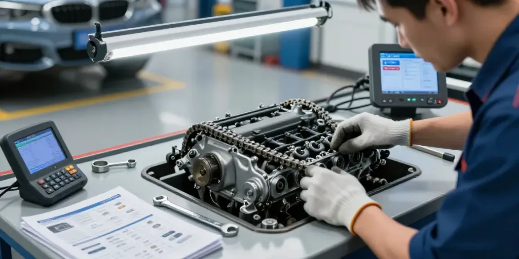 Expert mechanic analyzing BMW steuerkette in Hannover workshop, showcasing automotive service.