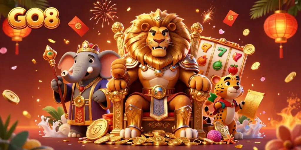 The GO8 royal lion king illustration showcases gambling excitement with slots, gold coins, and dynamic game elements.