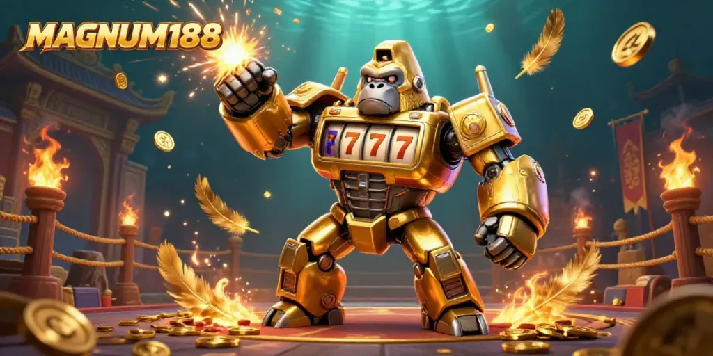 Experience the excitement of winning at MAGNUM188 with a golden gorilla mech and dynamic gaming elements.