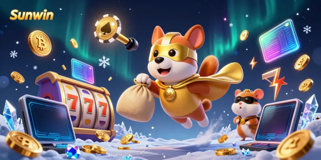 Sunwin superhero characters showcasing exciting slot game elements with vibrant casino visuals.