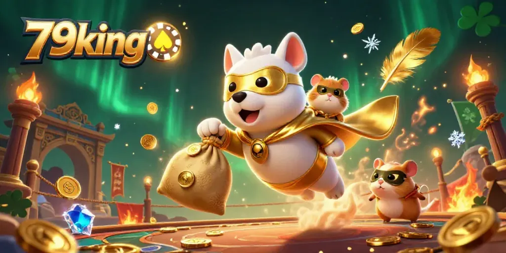 Engage with the thrilling world of 79king, featuring a superhero dog and hamster amidst rich casino elements and excitement.