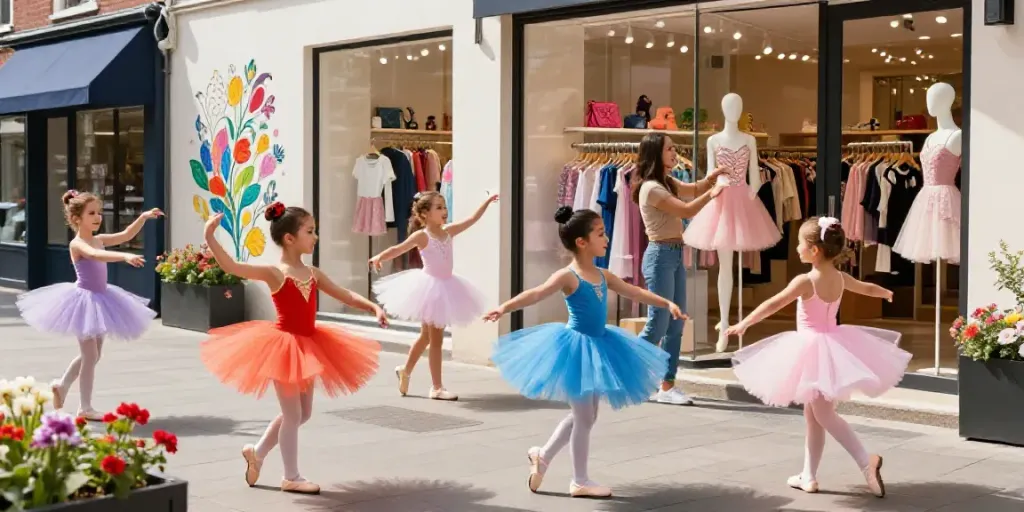 Children dancing in colorful tutus at tutu-store.com boutique, vibrant urban scene.