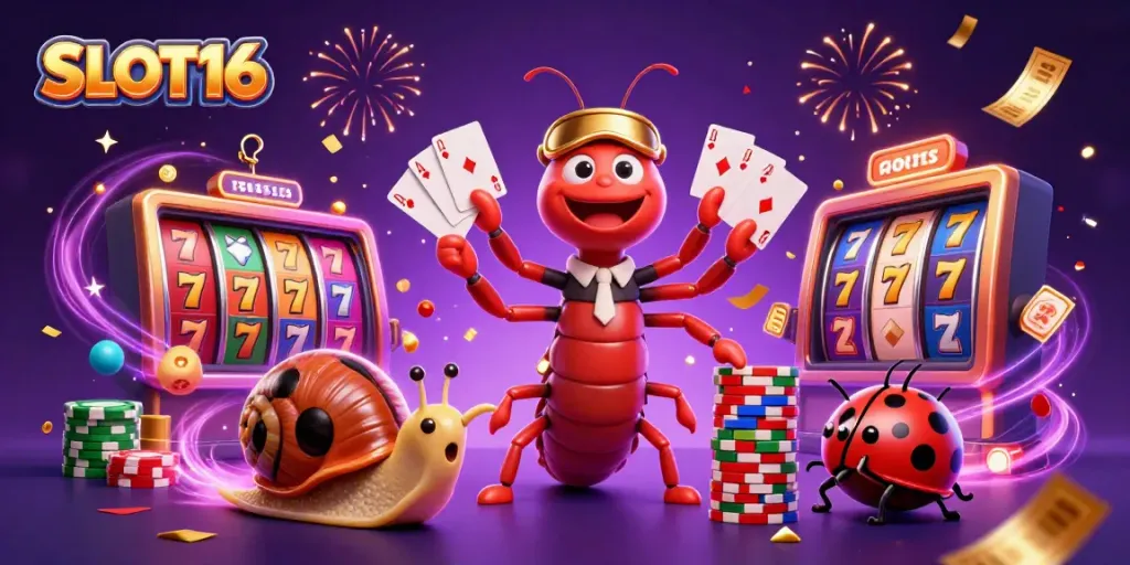 SLOT16 showcases an energetic casino scene with a millipede dealer and a high-roller snail.