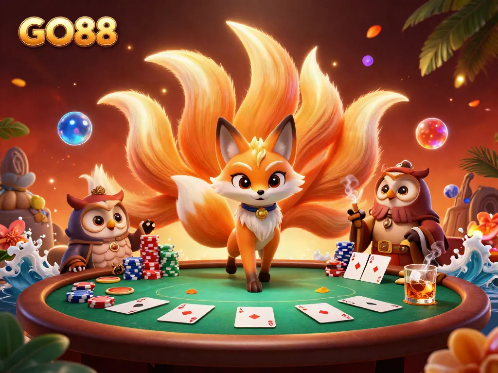 Engage with GO88's vibrant online casino world featuring a glowing fox and poker elements.