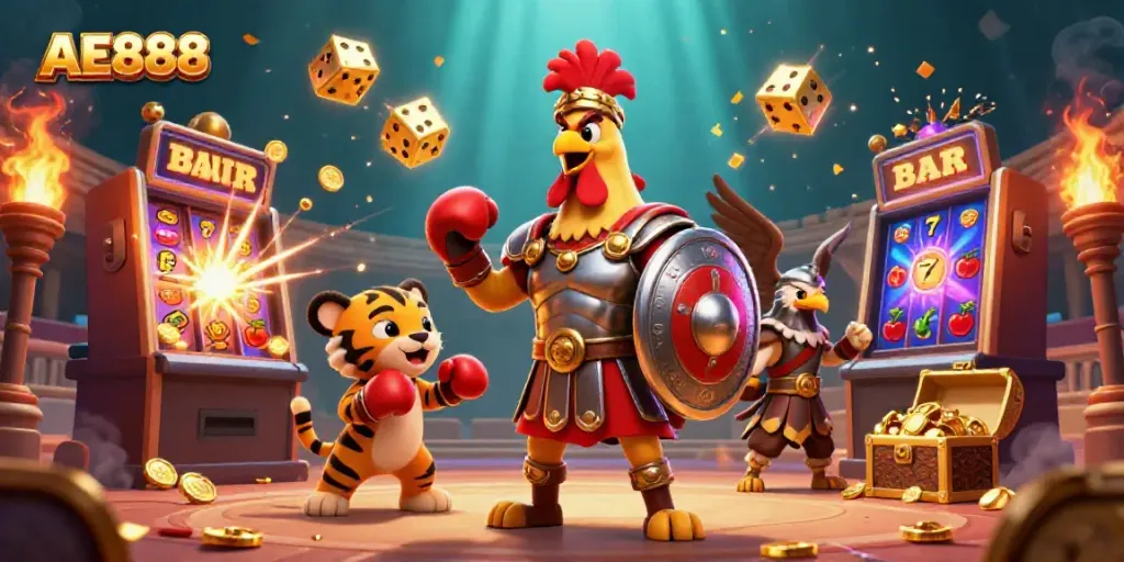 Win big with AE888 in this vibrant and dynamic casino scene featuring interactive gaming elements.