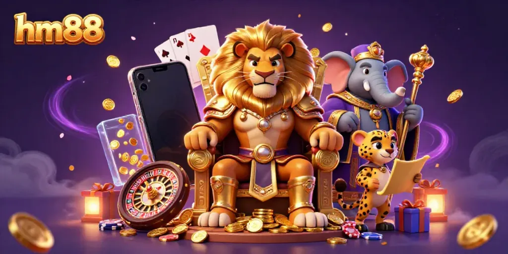 Engage in thrilling gameplay at hm88 with a majestic lion king and vibrant casino elements!